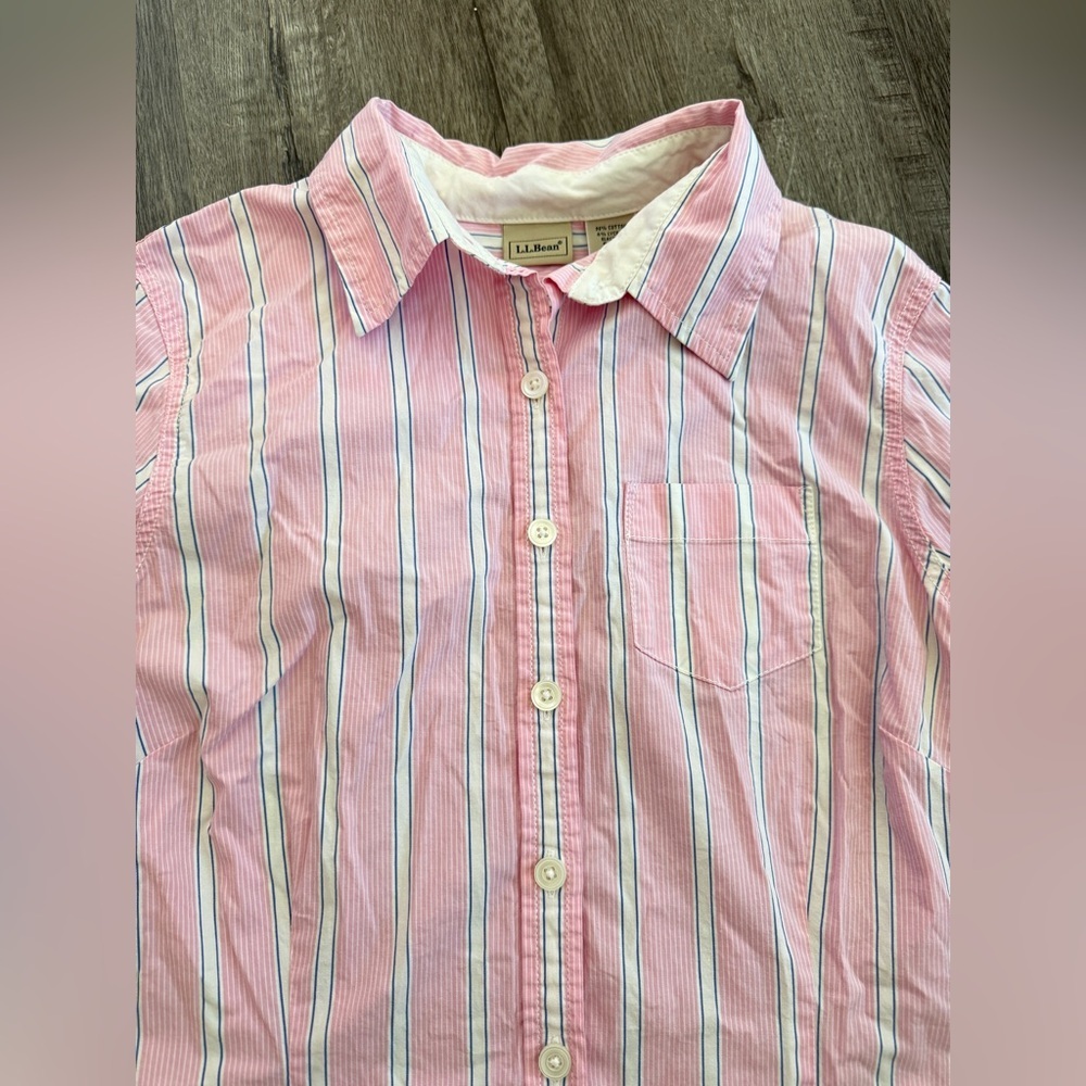 LL Bean Womens Striped Button Down Shirt Pink White Cotton Blend Small Reg - Picture 2 of 9